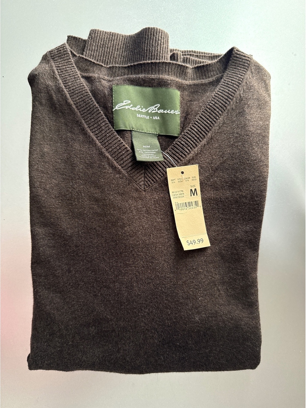 Eddie Bauer Men's Medium Brown V-Neck Cotton Cashmere Blend, New with Tag